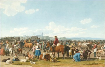  ciudad Pintura al %C3%B3leo - Mercado de ganado Wilhelm von Kobell ante una gran ciudad en un lago 1820